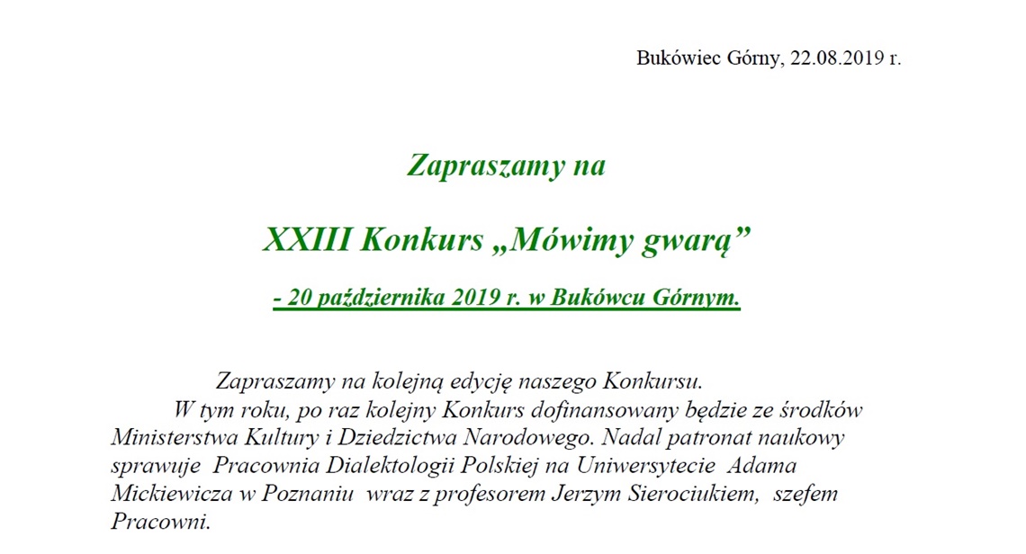 XXIII Konkurs Mówimy Gwarą - ZAPROSZENIE